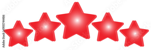 5 red stars for product review vector illustration. 3d five ranking symbols in row for feedback, satisfaction opinion on website service or mobile app isolated on white background.