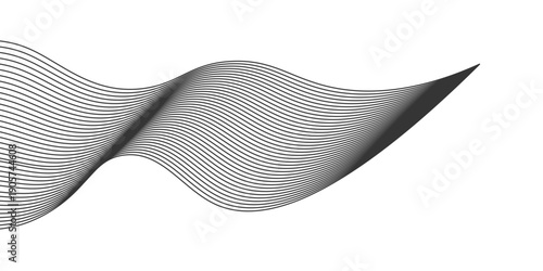 Modern flowing dots particles wave pattern 3D curve halftone black gradient curve shape isolated on white background abstract simple