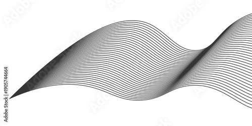 Modern flowing dots particles wave pattern 3D curve halftone black gradient curve shape isolated on white background abstract