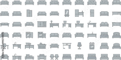 A collection of various furniture icons isolated on transparent background