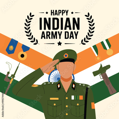 An Indian army soldier saluting with the Indian flag and military symbols on Army Day