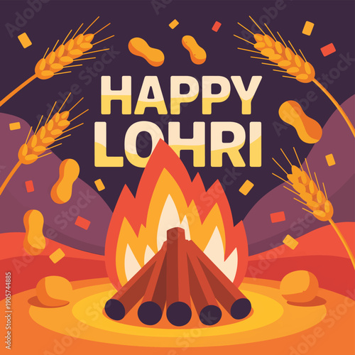 Happy Lohri festival greeting with bonfire, wheat, and peanuts India Indian festival