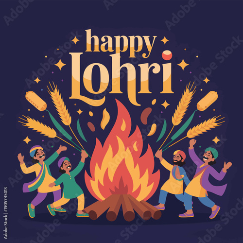 Four men dancing around a bonfire with wheat stalks and stars, Lohri festival celebration