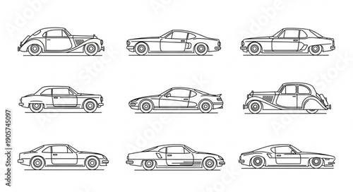 A collection of various vintage cars in a line art style.