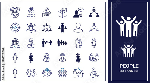 Comprehensive vector set featuring 30 people icons including global unity, voting, family, accessibility, and professional organizational hierarchies