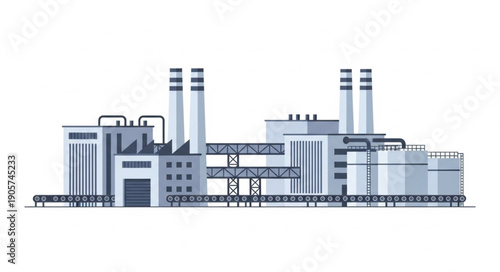 Industrial factory building with smokestacks and pipelines producing energy and power.