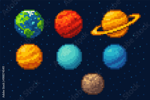 Retro pixel art of planets in space with starry background