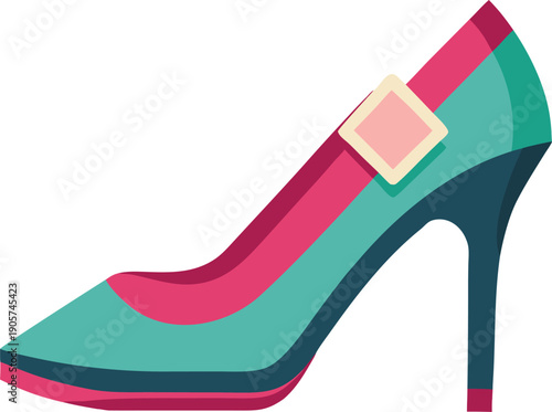 Colorful heel shoe with teal turquoise pink and beige buckle on white background