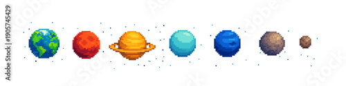 Pixel art solar system planets aligned in colorful retro style