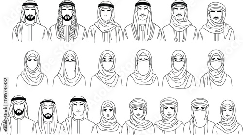 Comprehensive black line art vector set featuring 20 diverse Middle Eastern avatars in traditional cultural attire and headwear