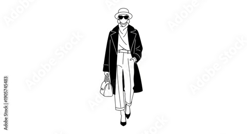 Stylish woman in a fashionable coat and hat walking with confidence.