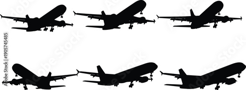 Commercial airplane landing silhouettes set, passenger aircraft approach vector collection, aviation transport illustration, isolated background, flight travel design element