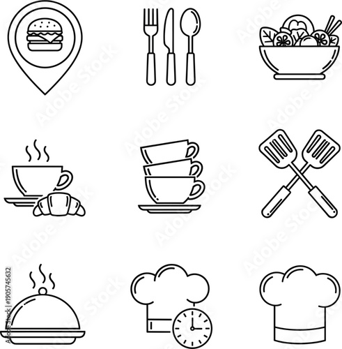 Minimalist restaurant line icons set featuring burger location pin cutlery salad bowl coffee cups and chef hats for branding.