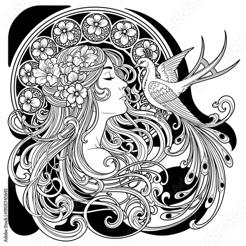 Art Nouveau Woman with Flowers and Bird, Elegant Line Art Illustration