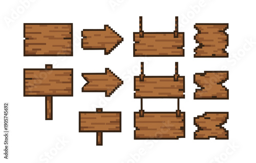 Pixel art wooden sign set with arrows and hanging boards in 8-bit style