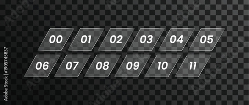 Modern glass number set from 00 to 11 on transparent background, futuristic countdown tiles for UI, infographic, timer, and digital display design
