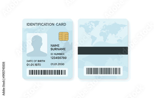 Front and back view of identity card with barcode and chip design