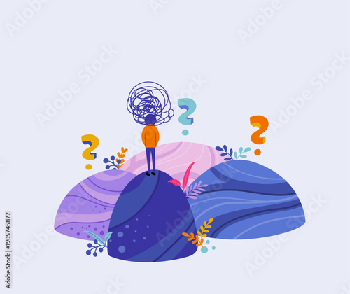 Confused Person with Question Marks – Mental Health, Anxiety and Decision Paralysis Concept
