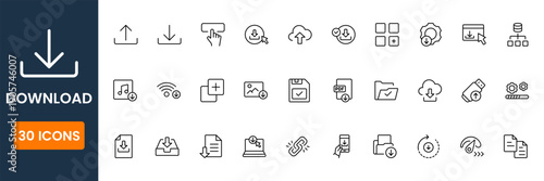 download icon set, file transfer and data saving symbols, arrow down cloud download vector icons, modern UI download icons