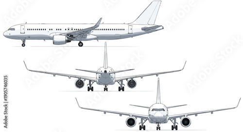 Commercial passenger airplane multiple view illustration, modern jet aircraft front and side angles, aviation transport concept, airline travel vector