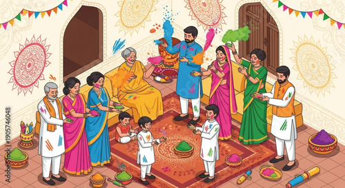 Indian family celebrating Holi festival with colors joy and traditional attire illustration for cultural events and festive greetings