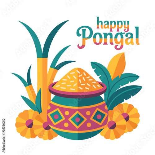 Happy Pongal greeting with sugarcane pot and flowers, festival
