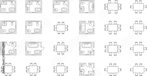 Collection of 25 blurry technical diagrams isolated on transparent background