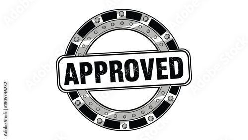 Approved Stamp: A detailed illustration of a classic Approved stamp. The design features a bold, centered APPROVED text within a rectangular box, enclosed by concentric circles and dotted borders.