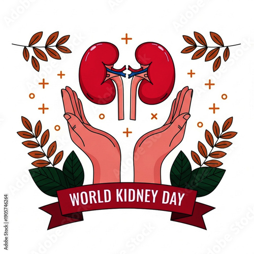World Kidney Day illustration with hands holding red kidneys and decorative leaves, promoting awareness for kidney health