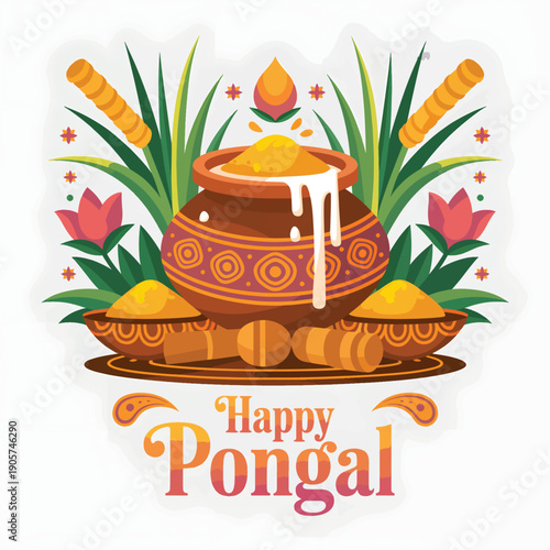 Happy Pongal festival celebration with sugarcane and a pot in India, Tamil Nadu, the harvest