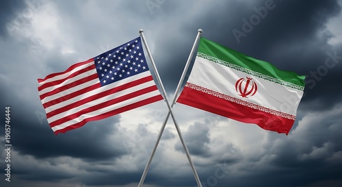 Us and iran flag flying together in cloudy sky