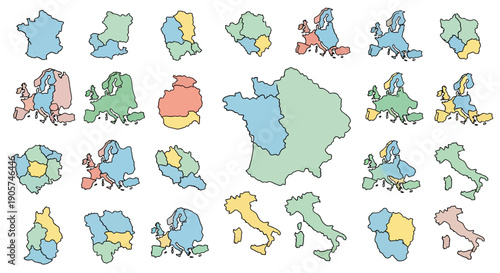 Colorful Map Collection: Depicting Countries and Continents with Unique Boundaries and Regions