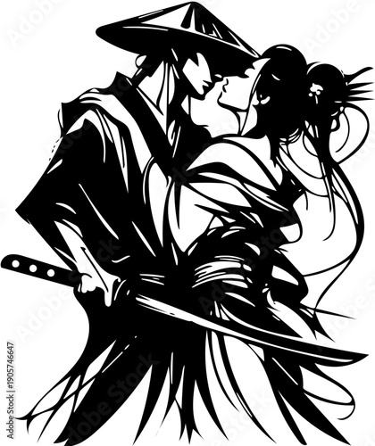 Intimate Embrace of a Stylized Asian Couple in Traditional Attire, Depicting Love and Connection in a Striking Black and White Graphic Illustration