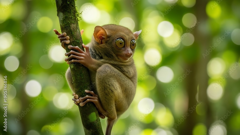 Fototapeta premium Tarsier Climbing Tree Trunk in Forest.