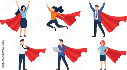 Set of business superhero professional character illustrations with red capes for corporate success and recruitment graphic design projects
