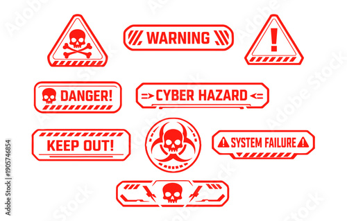 Red alert sign collection: cyber hazard, danger, warning, keep out, system failure symbols