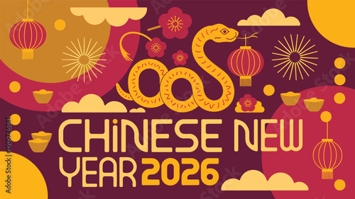 Yellow snake Chinese New Year 2026 celebration with lanterns and gold year of the snake zodiac