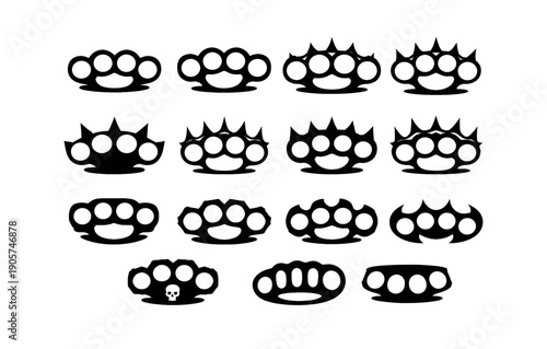 Collection of black silhouette brass knuckles with various designs and styles