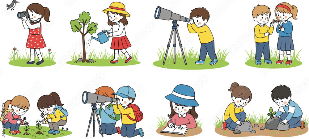 Fototapeta premium Detailed vector illustration set featuring children engaged in outdoor activities like photography, gardening, astronomy, and nature study