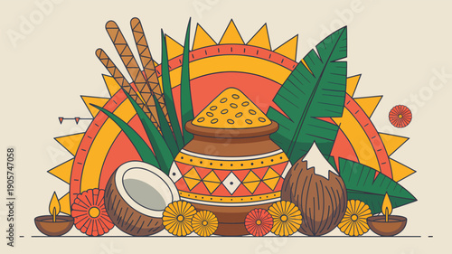 Indian festival harvest offerings with a clay pot, coconut, and diyas