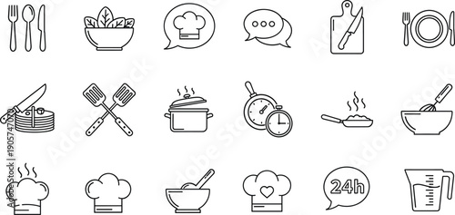 Restaurant service and professional cooking line icon set with chef hats, cutlery, and kitchen timers.
