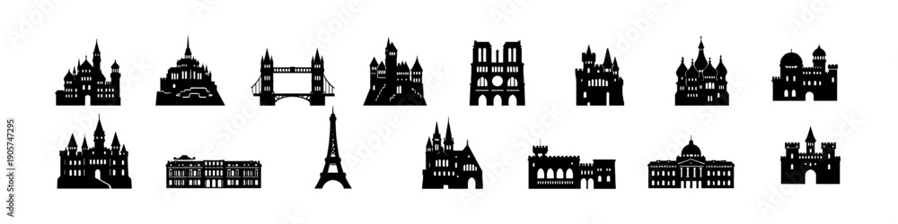 Obraz premium Iconic landmark silhouettes collection of historic architectural structures