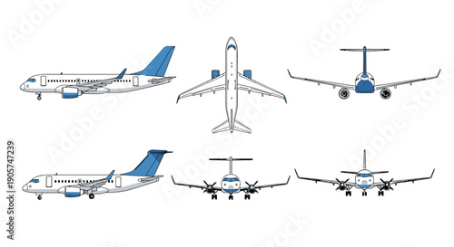 Commercial passenger airplane vector set, multiple aircraft views illustration, aviation transport design, airline travel concept, isolated background collection