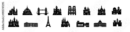 Iconic landmark silhouettes collection of historic architectural structures