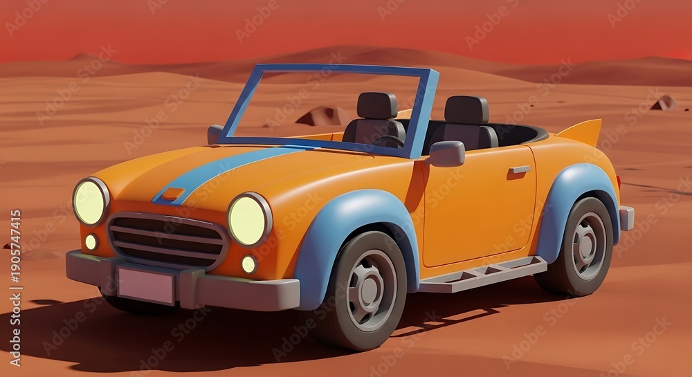 Obraz premium Vibrant orange convertible car driving through desert landscape
