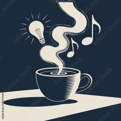 Steaming coffee cup with lightbulb and musical notes