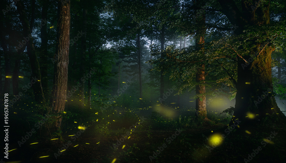 Obraz premium Sun rays shine through rainy forest trees creating a calm green woodland scene