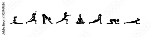 Silhouette of women practicing yoga poses: a sequence of seven wellness exercises