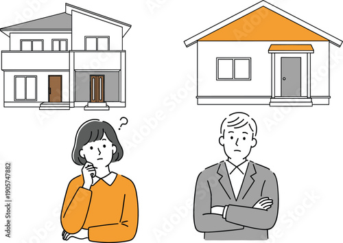 Detailed vector illustration set featuring people contemplating home ownership with modern house designs and professional consultant characters
