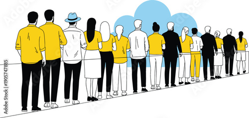 Detailed vector illustration featuring a diverse group of people standing in a long queue on a perspective line
